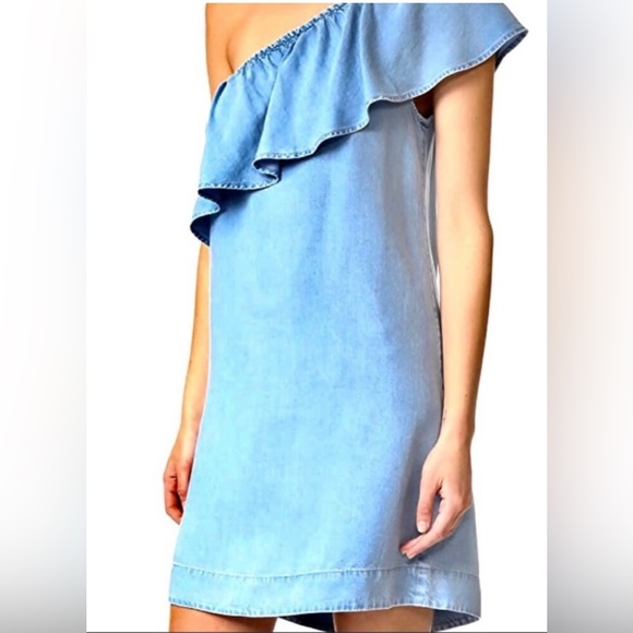 7 FOR ALL MAN KIND-One-Shoulder Ruffled Denim Dress, Indigo. Size XS. - Picture 4 of 6